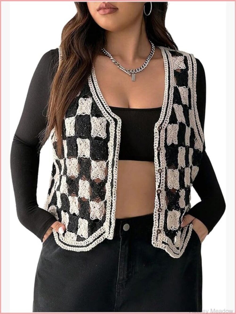 Plus Size Plaid Crochet Button Down Sleeveless Knit Sweater Vest